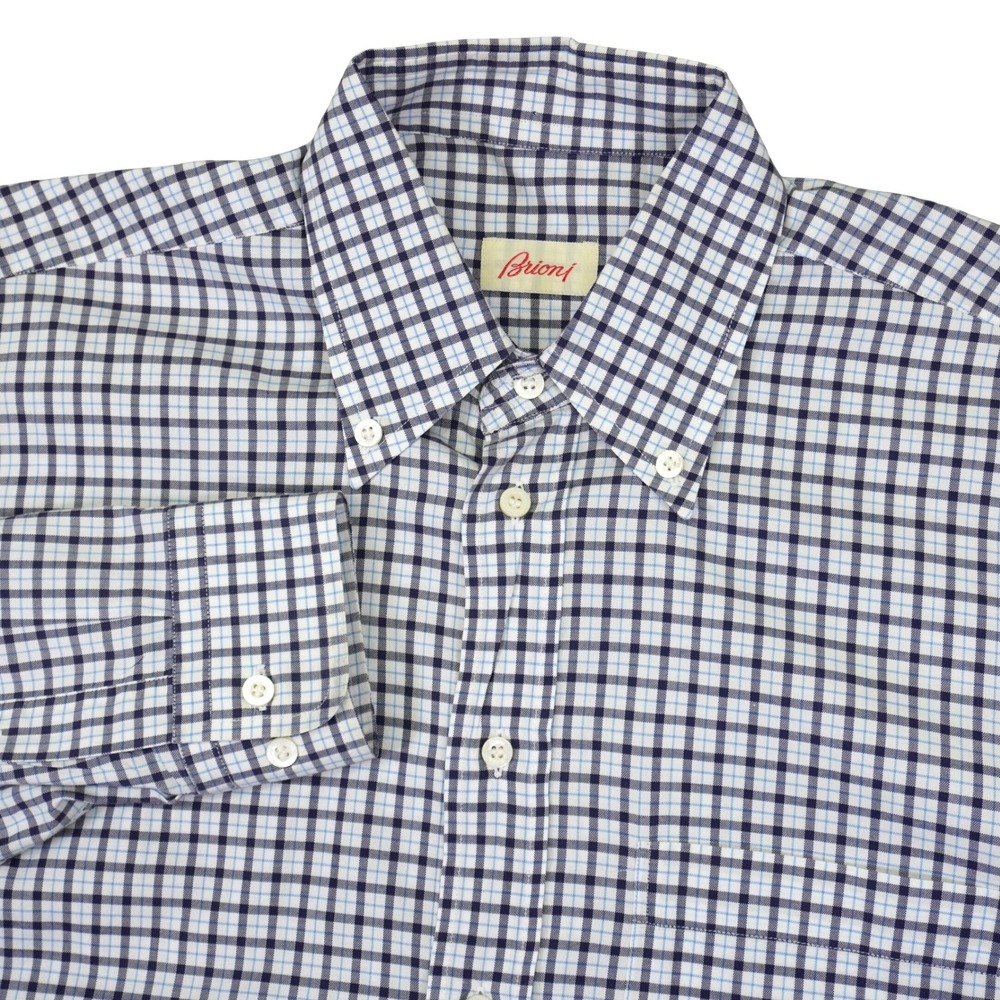 Brioni Button Down Shirt Mens L Blue White Check Plaid Long Sleeve Cotton Italy